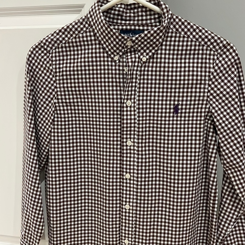 Polo Ralph Lauren boys brown gingham button down. Like new. No stains. Size M